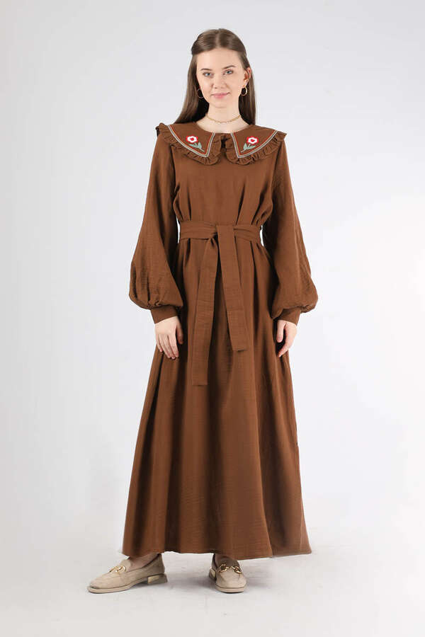 Frilly Baby Collar Dress Brown - 1