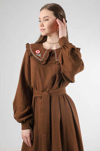 Frilly Baby Collar Dress Brown - 2