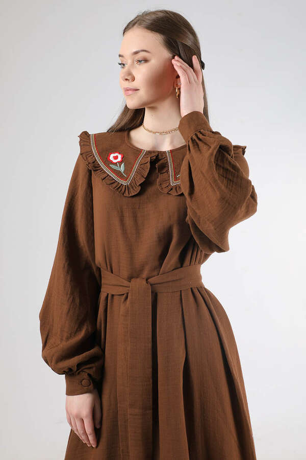 Frilly Baby Collar Dress Brown - 2