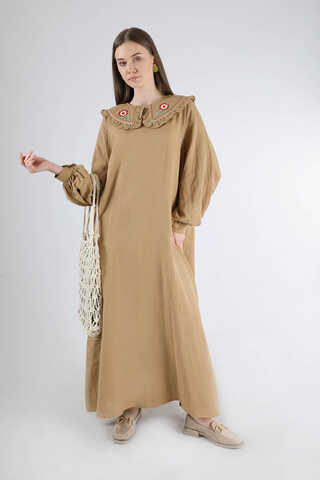 Frilly Baby Collar Dress Camel - 3