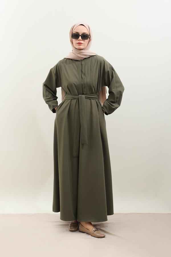 Asimetrik Nervür Detaylı Elbise Haki - 2