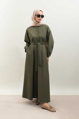 Asimetrik Nervür Detaylı Elbise Haki - 3