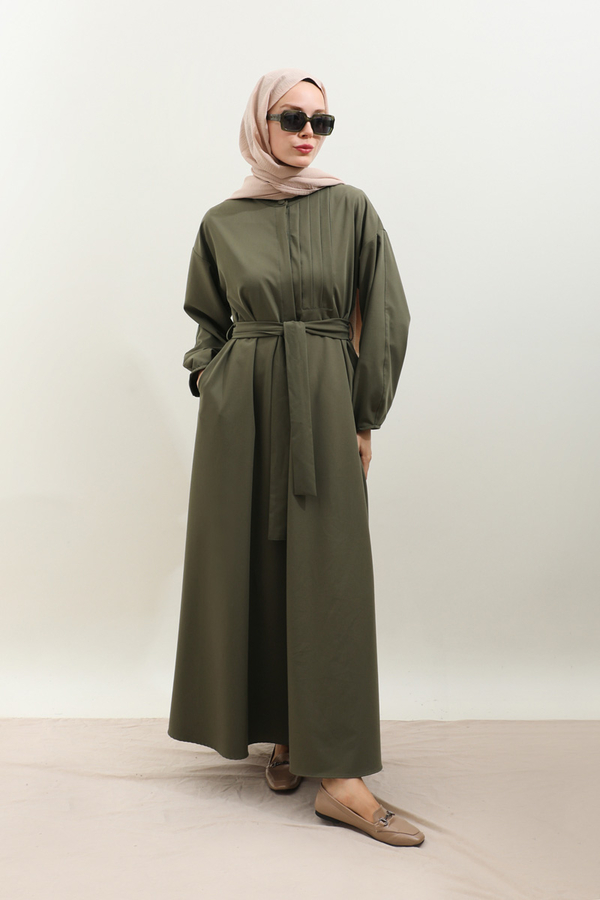 Asimetrik Nervür Detaylı Elbise Haki - 3