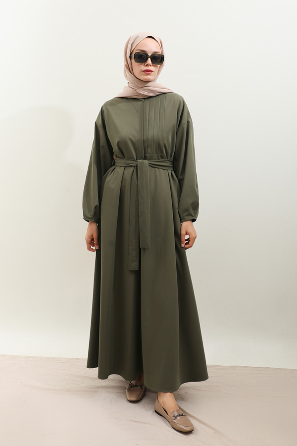 Asimetrik Nervür Detaylı Elbise Haki - 1