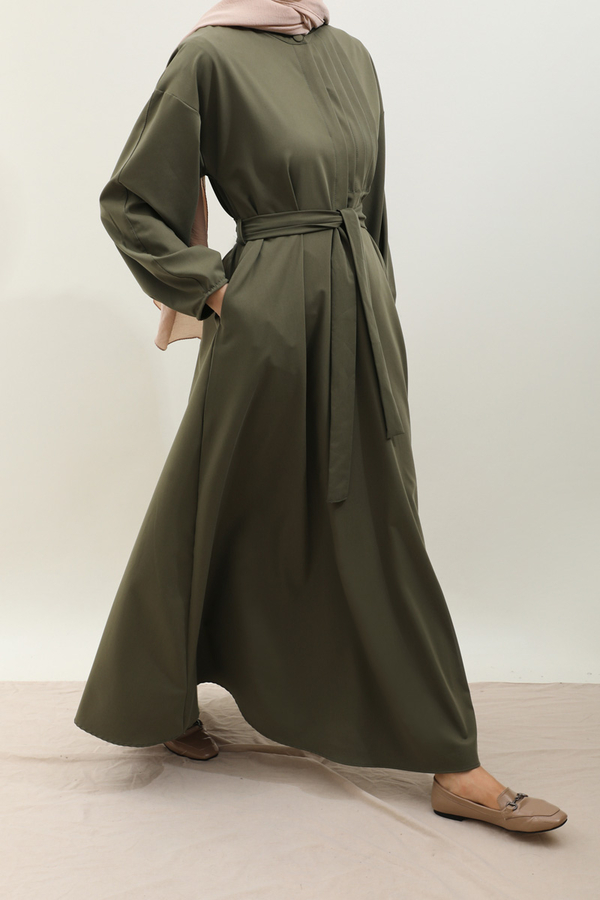 Asimetrik Nervür Detaylı Elbise Haki - 5