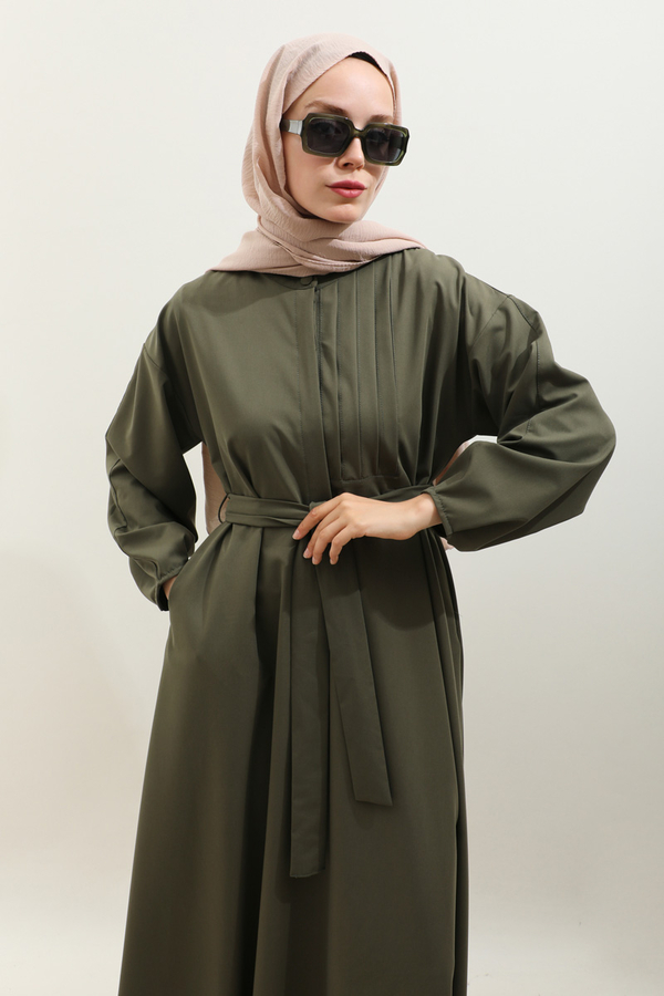 Asimetrik Nervür Detaylı Elbise Haki - 6
