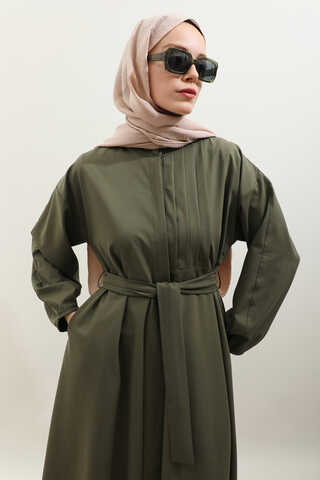 Asimetrik Nervür Detaylı Elbise Haki - 7