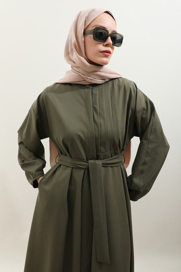 Asimetrik Nervür Detaylı Elbise Haki - 7