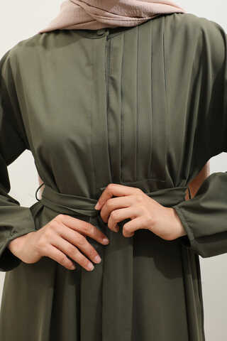 Asimetrik Nervür Detaylı Elbise Haki - 8