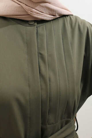 Asimetrik Nervür Detaylı Elbise Haki - 9