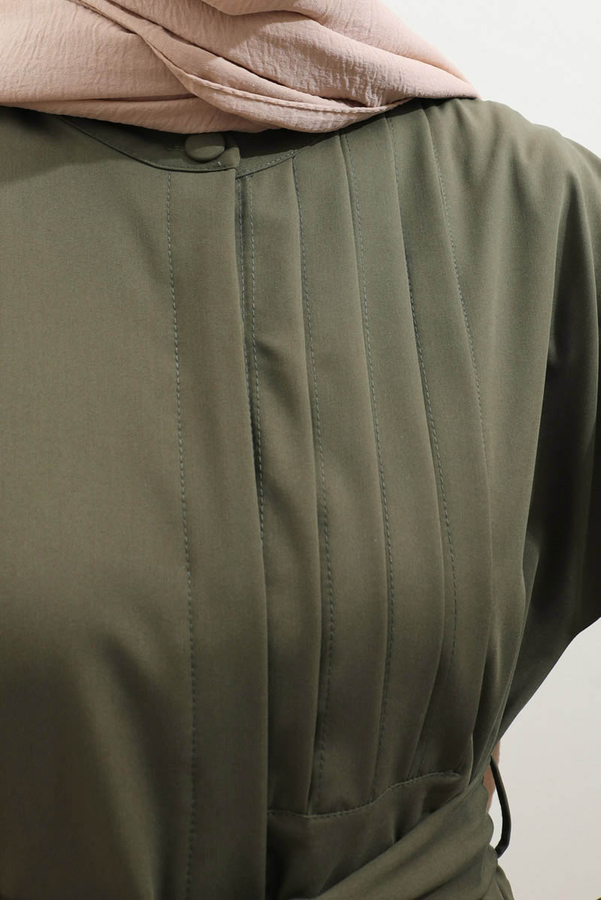 Asimetrik Nervür Detaylı Elbise Haki - 9