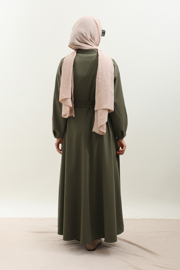 Asimetrik Nervür Detaylı Elbise Haki - 10