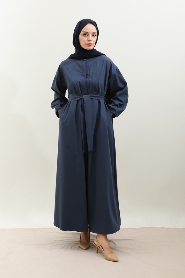 Asimetrik Nervür Detaylı Elbise Lacivert - 4