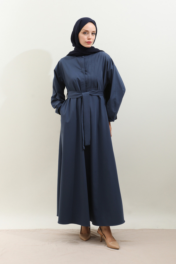 Asimetrik Nervür Detaylı Elbise Lacivert - 5
