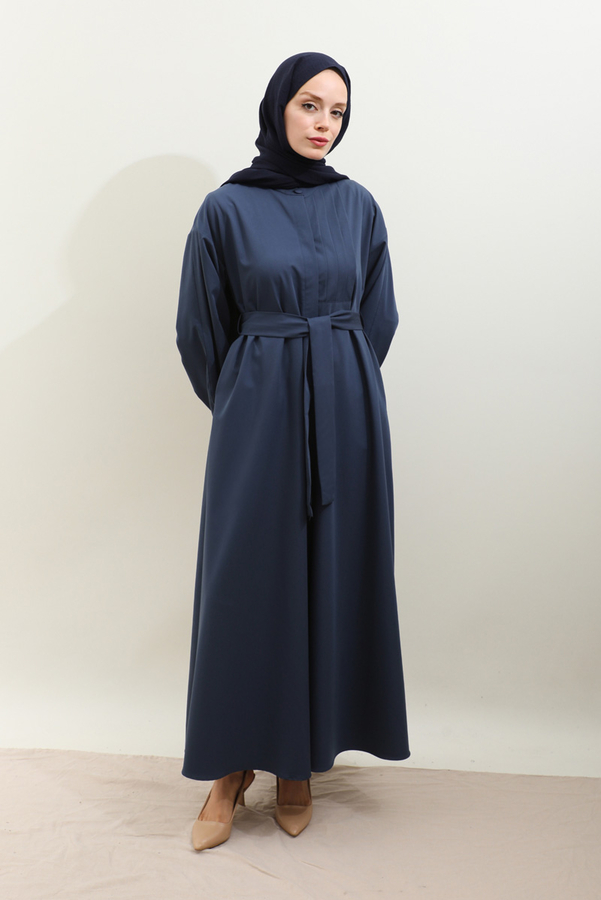 Asimetrik Nervür Detaylı Elbise Lacivert - 1