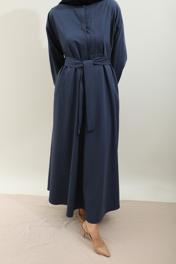 Asimetrik Nervür Detaylı Elbise Lacivert - 7