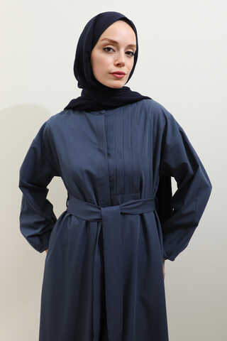 Asimetrik Nervür Detaylı Elbise Lacivert - 8