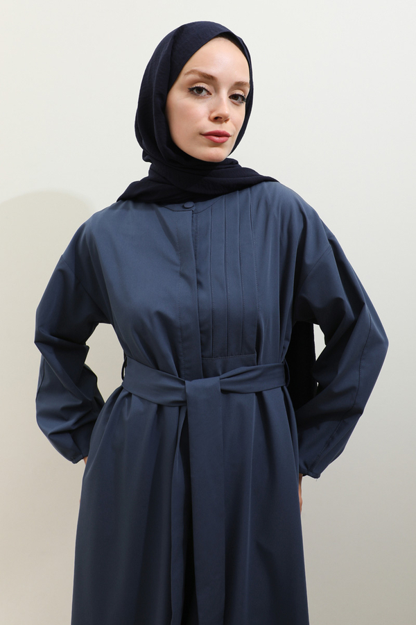 Asimetrik Nervür Detaylı Elbise Lacivert - 8