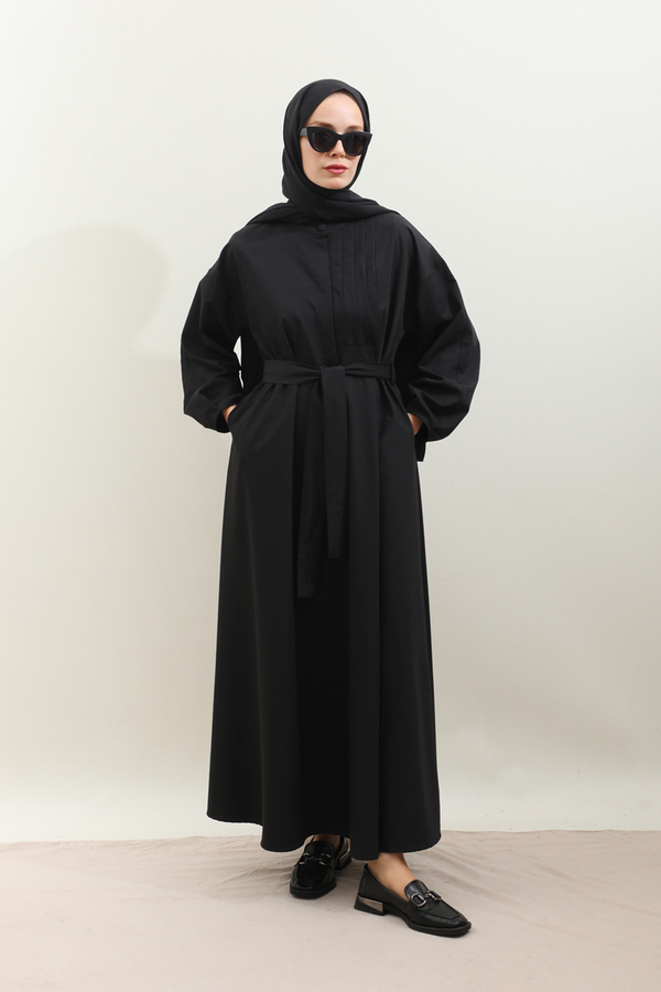 Asimetrik Nervür Detaylı Elbise Siyah - 2