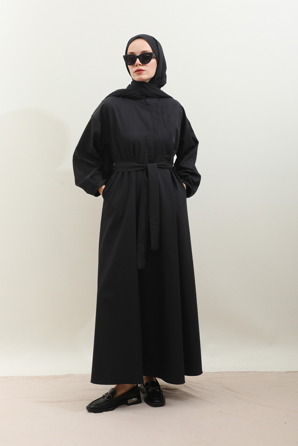 Asimetrik Nervür Detaylı Elbise Siyah - 1