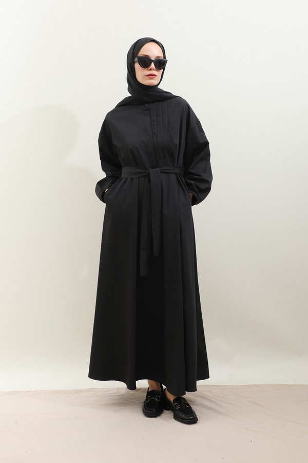 Asimetrik Nervür Detaylı Elbise Siyah - 3