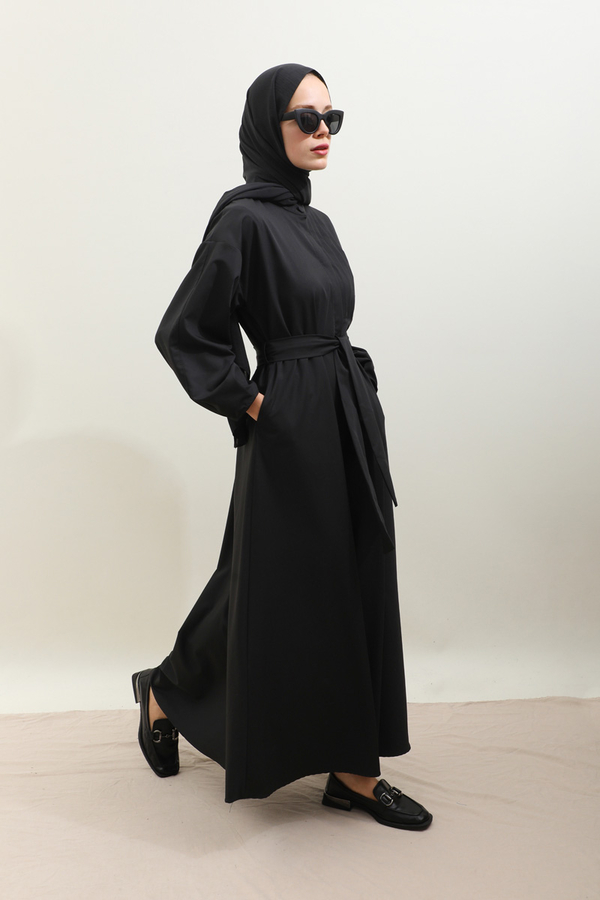 Asimetrik Nervür Detaylı Elbise Siyah - 4