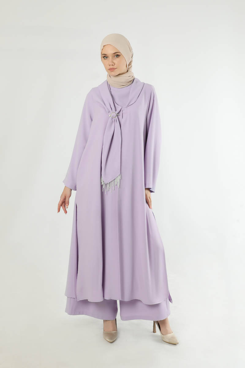 Fularlı Abaya Takım Lila