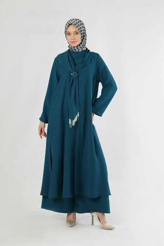 Fularlı Abaya Takım Petrol - 3
