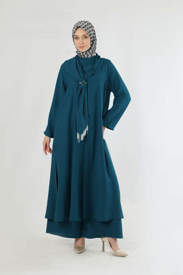 Fularlı Abaya Takım Petrol - 3