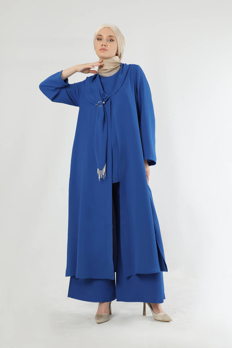 Fularlı Abaya Takım Saks