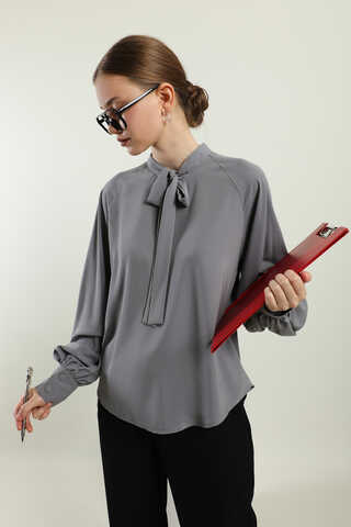 Fularlı Gömlek Gri - 4