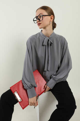 Fularlı Gömlek Gri - 3