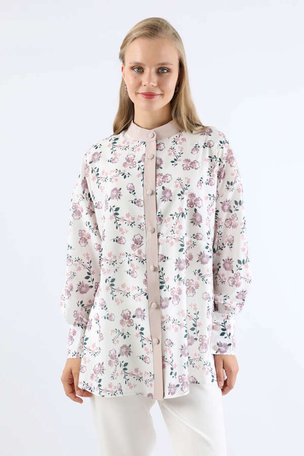 Çiçek Desenli Gömlek Gül Kurusu - 1