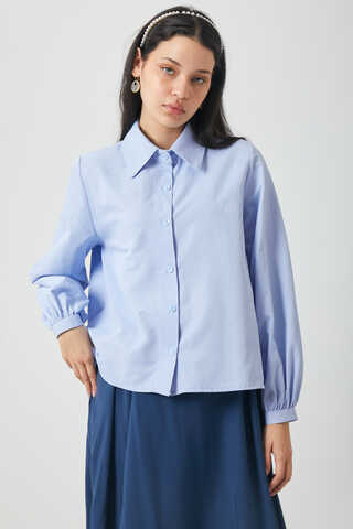 Manşeti Büzgülü Poplin Gömlek Bebe Mavisi - 5