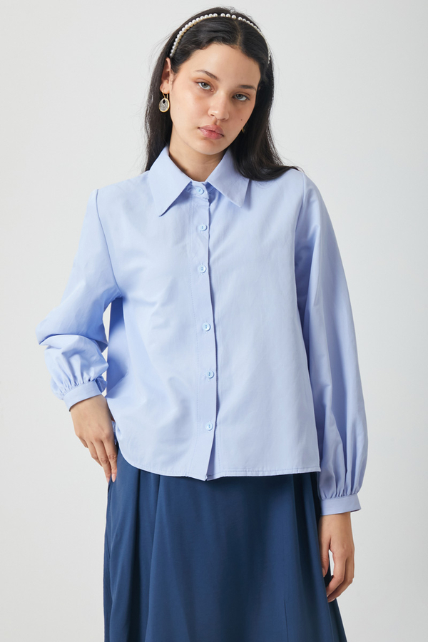 Manşeti Büzgülü Poplin Gömlek Bebe Mavisi - 5