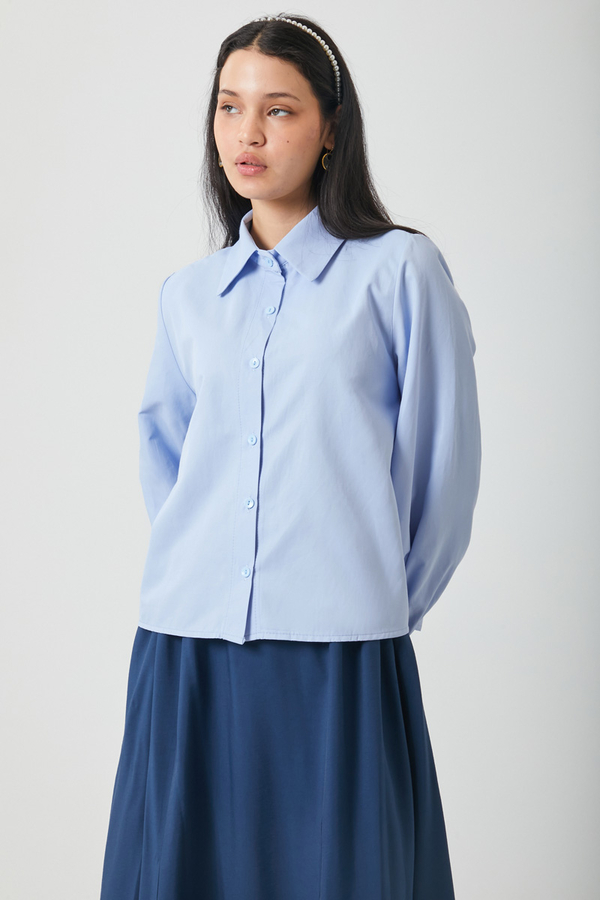 Manşeti Büzgülü Poplin Gömlek Bebe Mavisi - 7