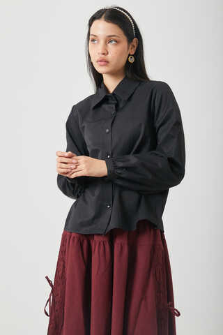 Gathered Cuff Poplin Shirt Black - 4