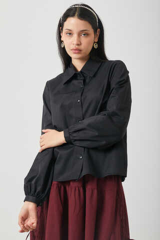 Gathered Cuff Poplin Shirt Black - 5