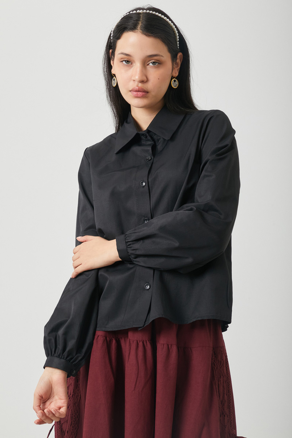 Gathered Cuff Poplin Shirt Black - 5