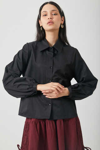 Gathered Cuff Poplin Shirt Black - 6