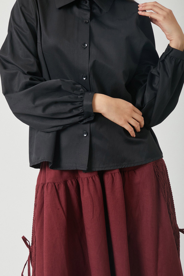 Gathered Cuff Poplin Shirt Black - 7