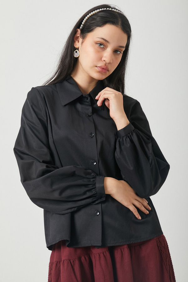 Gathered Cuff Poplin Shirt Black - 8