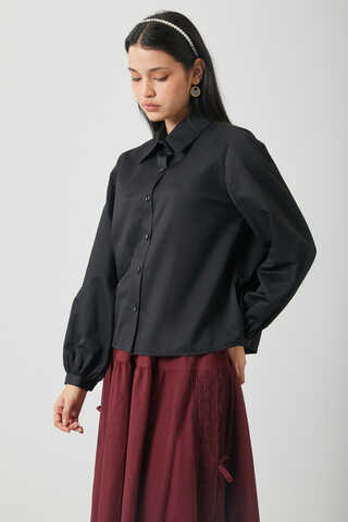 Gathered Cuff Poplin Shirt Black - 10