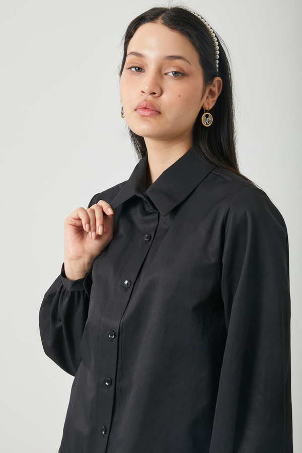 Gathered Cuff Poplin Shirt Black - 14
