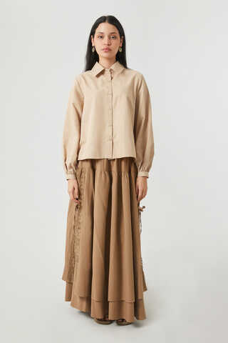 Gathered Cuff Poplin Shirt Camel - 2