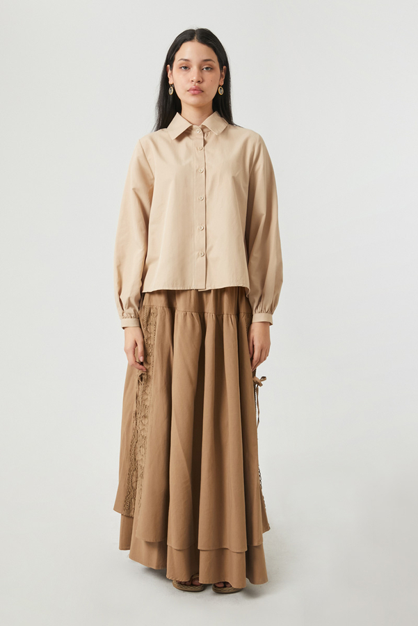 Gathered Cuff Poplin Shirt Camel - 2