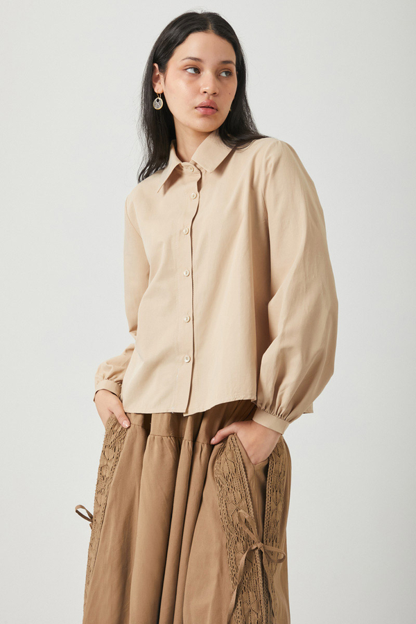 Gathered Cuff Poplin Shirt Camel - 5