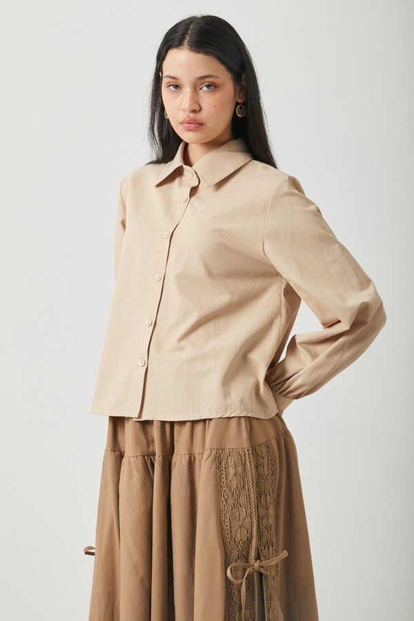 Gathered Cuff Poplin Shirt Camel - 9