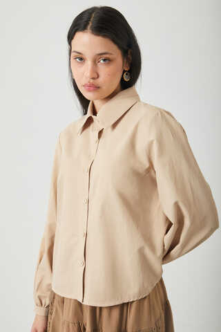 Gathered Cuff Poplin Shirt Camel - 1