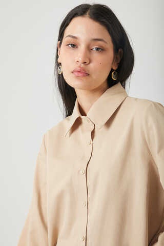 Gathered Cuff Poplin Shirt Camel - 4